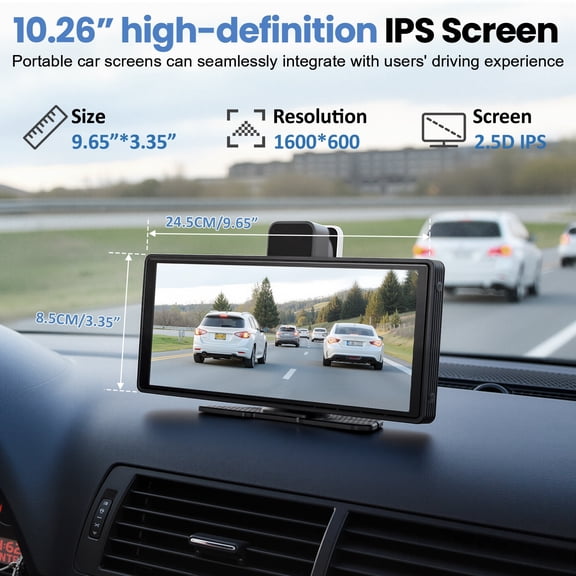 Happydeer 10.26 Inch Portable IPS Car Smart Display, 4K Dual 178 Dash Cam Driving Recorder, 3-Way Audio Output Split Screen Car Navigation Screen, GPS Navigation, Mirror Link, Voice Control