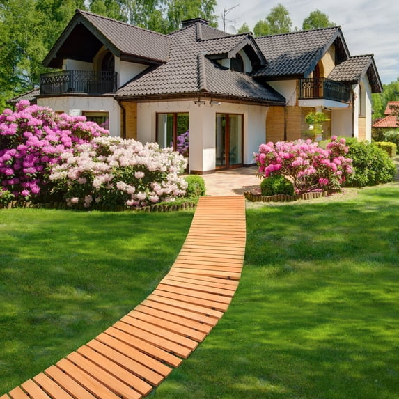 Happydeer 12ft x 18in Wooden Garden Pathway, Outdoor Roll Out Decorative Garden Walkway, Non-Slip Garden Bridge Walking Passage for Patio, Lawn, Backyard, Beach