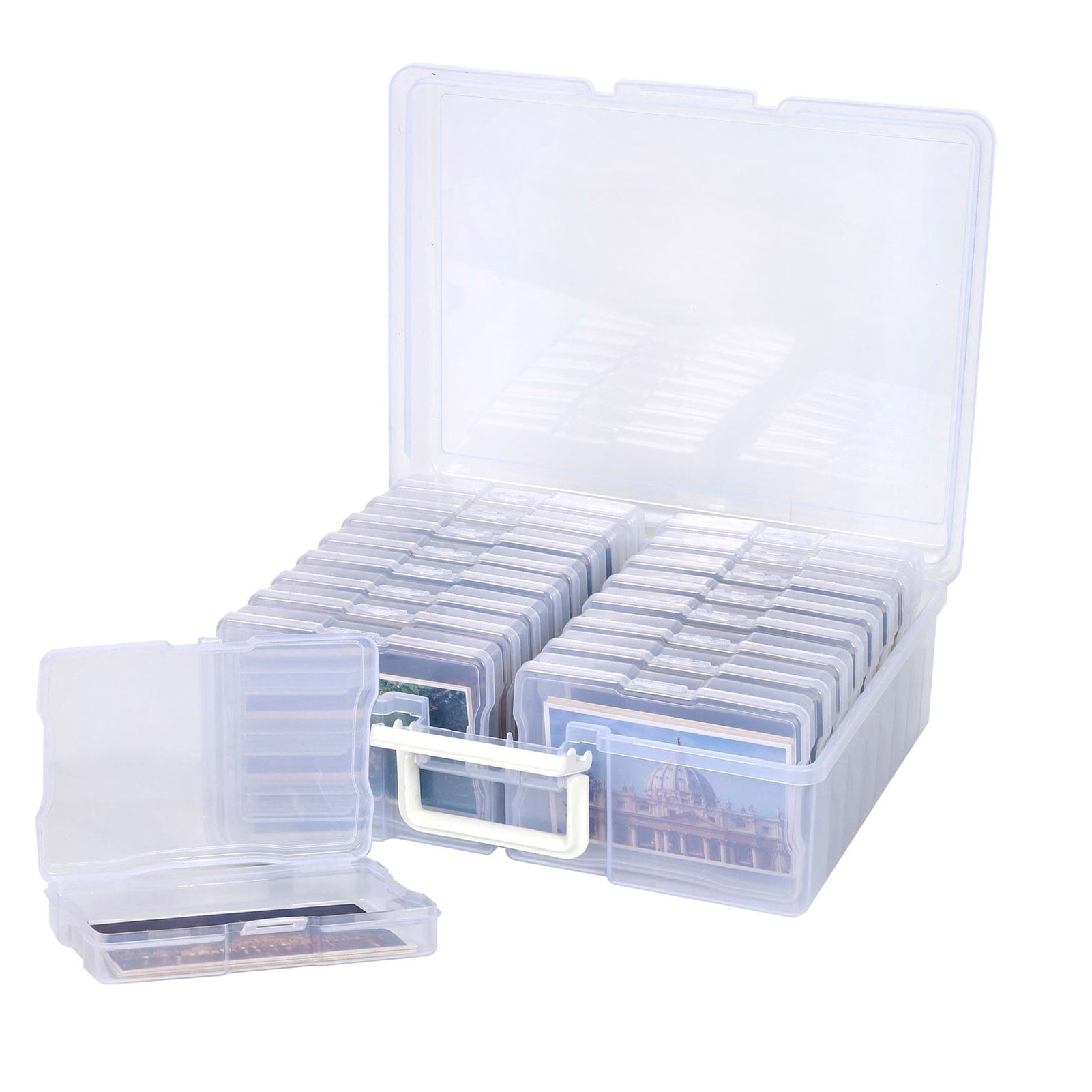 Happydeer 16pcs Acrylic Storage Box and 1 Big Storage Bins, Photo Container for 6.7 x 4.75 inches photos, Accommodates 80-100 pcs/box, Dustproof Transparent Box for Picture, Jewelry, Parts
