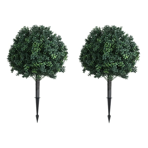 Happydeer 27" Artificial Boxwood Ball Shrub Tree Artificial Plants 2 Pack, with Ground Spike Easy To Push Into The Ground, UV Resistant Outdoor Fake Shrubs for Front Porch Decor