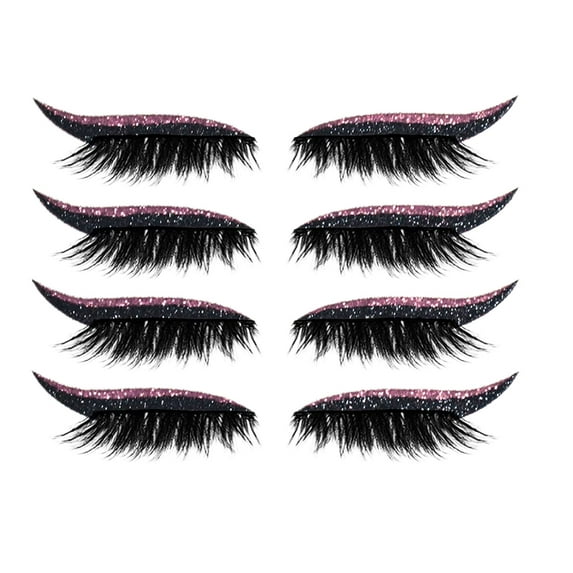 Happydeer 4 Pairs False Eyelashes Reusable 2 in 1 Eyelash Artificial Fiber Instant Winged Outline Glitter Eyeliner Stickers for Women