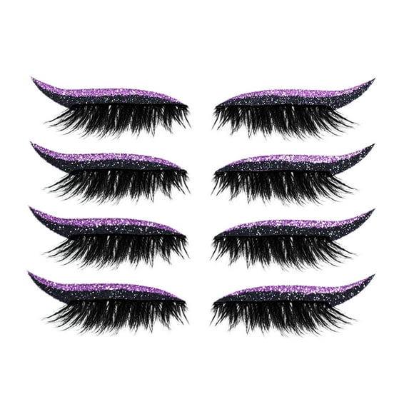 Happydeer 4 Pairs False Eyelashes Reusable 2 in 1 Eyelash Artificial Fiber Instant Winged Outline Glitter Eyeliner Stickers for Women