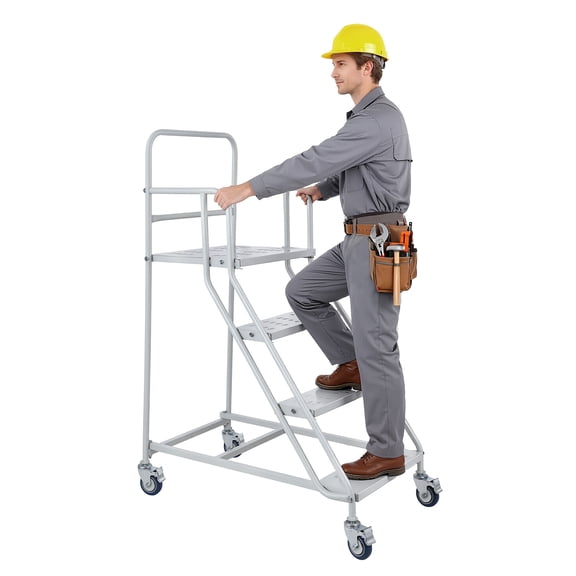 Happydeer 4-Step Mobile Warehouse Ladder with Handrails, 880lbs Capacity, Anti-Slip Platform Rolling Step Stool with Lockable Casters, for Warehouse, Retail & Home Use