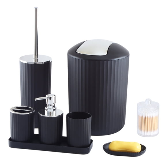 Happydeer 8Pcs/Set Bathroom Supplies Kit, Toothbrush Cup Garbage Bin Toilet Brushing Rack Soap Tray Lotion Dispenser Cotton Swab Box, Black
