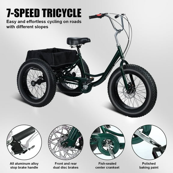 Happydeer Adult Tricycle, 7 Speed Tricycle for Adults with Dual Chain, Adult Tricycle for Women Men Seniors, 3 Wheel Bike for Adults with Basket, 450lb, Adult Trike, 20 inch