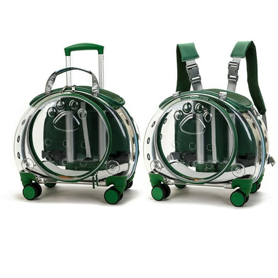 Happydeer Backpack Pet Trolley Case 2 in 1 Pet Outting Pet Suitcase, Removable Shoulder Strap, Clear Ventilation Holes Silent Wheels Portable Cats Dogs Backpack, Green