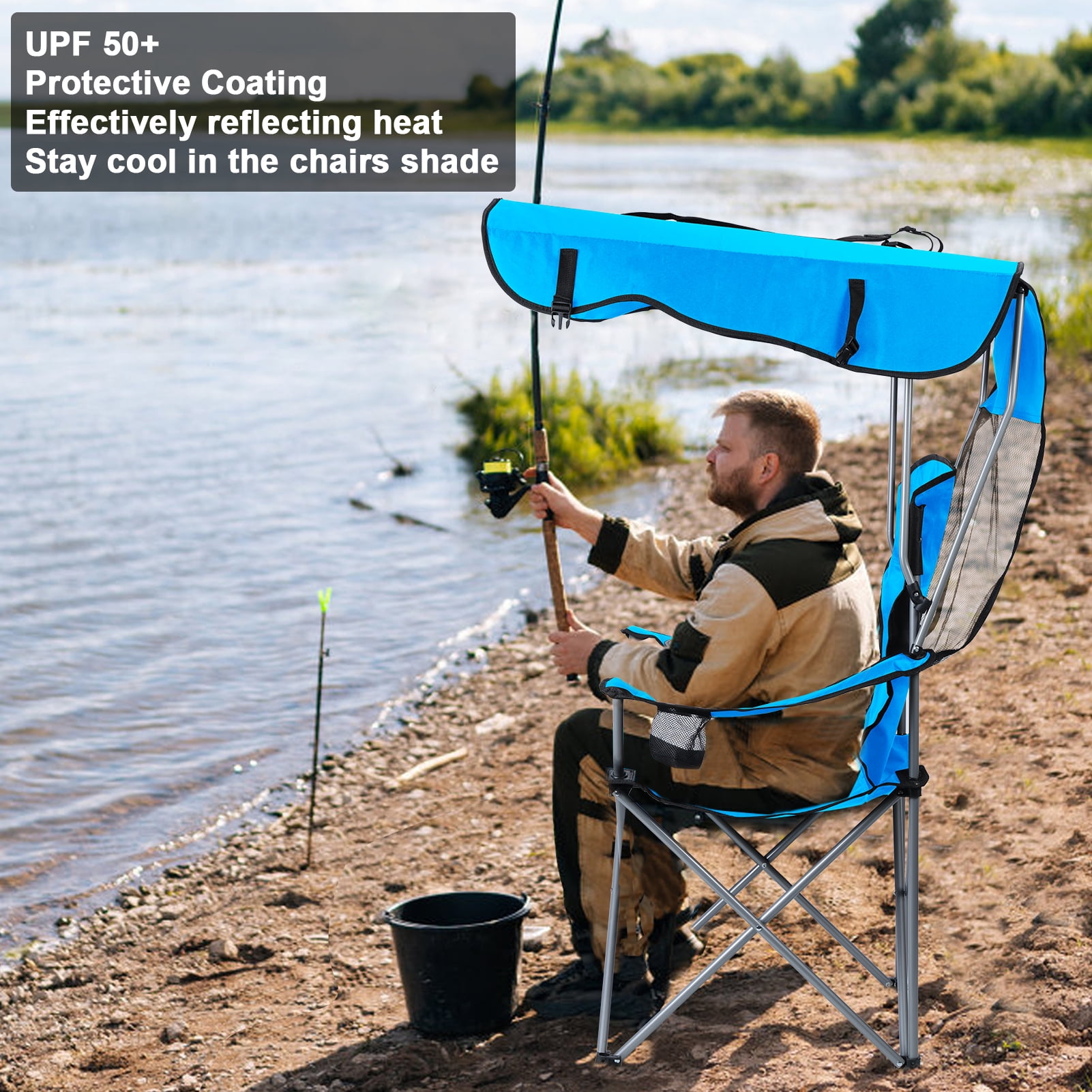 Free Shipping Canopy Camping Chairs with Cooler Pouch Foldable Beach Chair for Adults with Retractable Shade Summer Camping Chairs with Cup Holder Side Pocket for Lawn Tailgates Sports Support 330 LBS