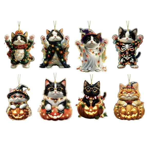 Happydeer Car Halloween Rearview Mirror Hanging Pendant Cartoon Skull Cat Auto Interior Accessory 2D Flat Acrylic Hanging Charm for Car Backpack (8pcs)