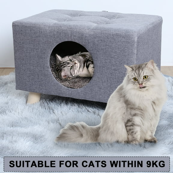 Happydeer Cat Bed for Indoor Cats Cube House, Foot Rest Stool Covered Cat Cave Beds with Cushion, Cute Modern Cat Condo for Multi Small Pet Large Kitten, Grey