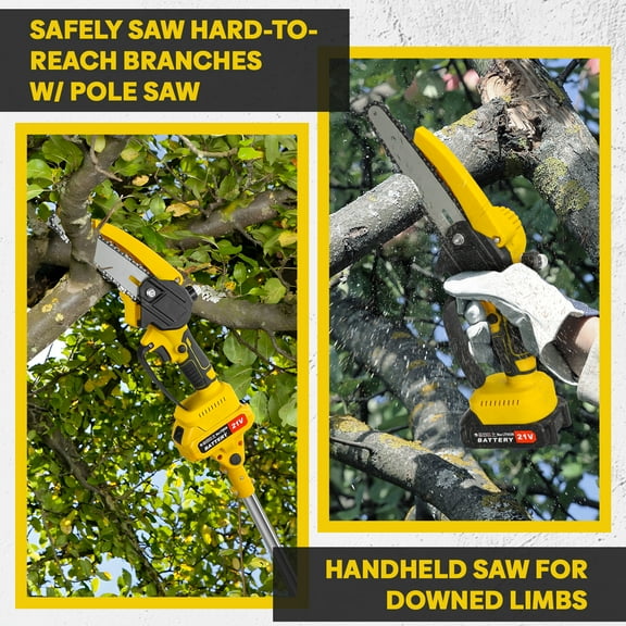 Happydeer Electric Chain Saw, Handheld Chainsaw 2 in 1 Cordless Pole Saw & Mini Chainsaw, 0.9-5.9ft Retractable Extension Pole, 6-inch Brushless High Branch Saw, 2 x 1.5Ah Battery
