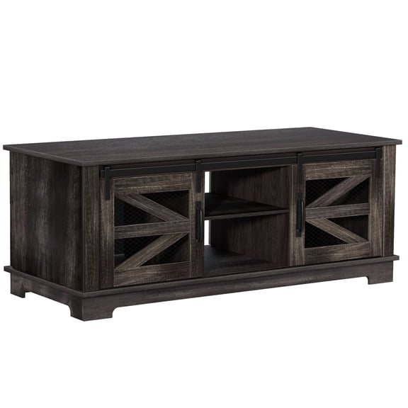 Happydeer Farmhouse Center Table with Storage, Coffee Table with Barn Doors, Modern Rustic Style Wooden Living Room Table