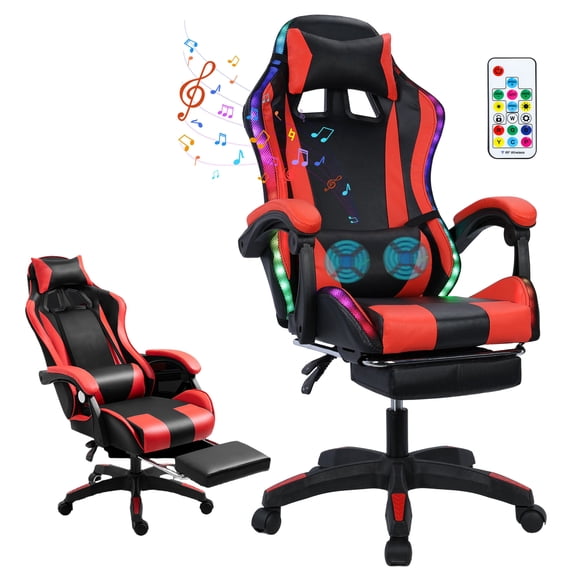 Happydeer Gaming Chair with Bluetooth-compatible Speakers & LED Lights, Faux Leather, 397lbs Capacity Ergonomic Office Chair with Footrest and Height Adjustable