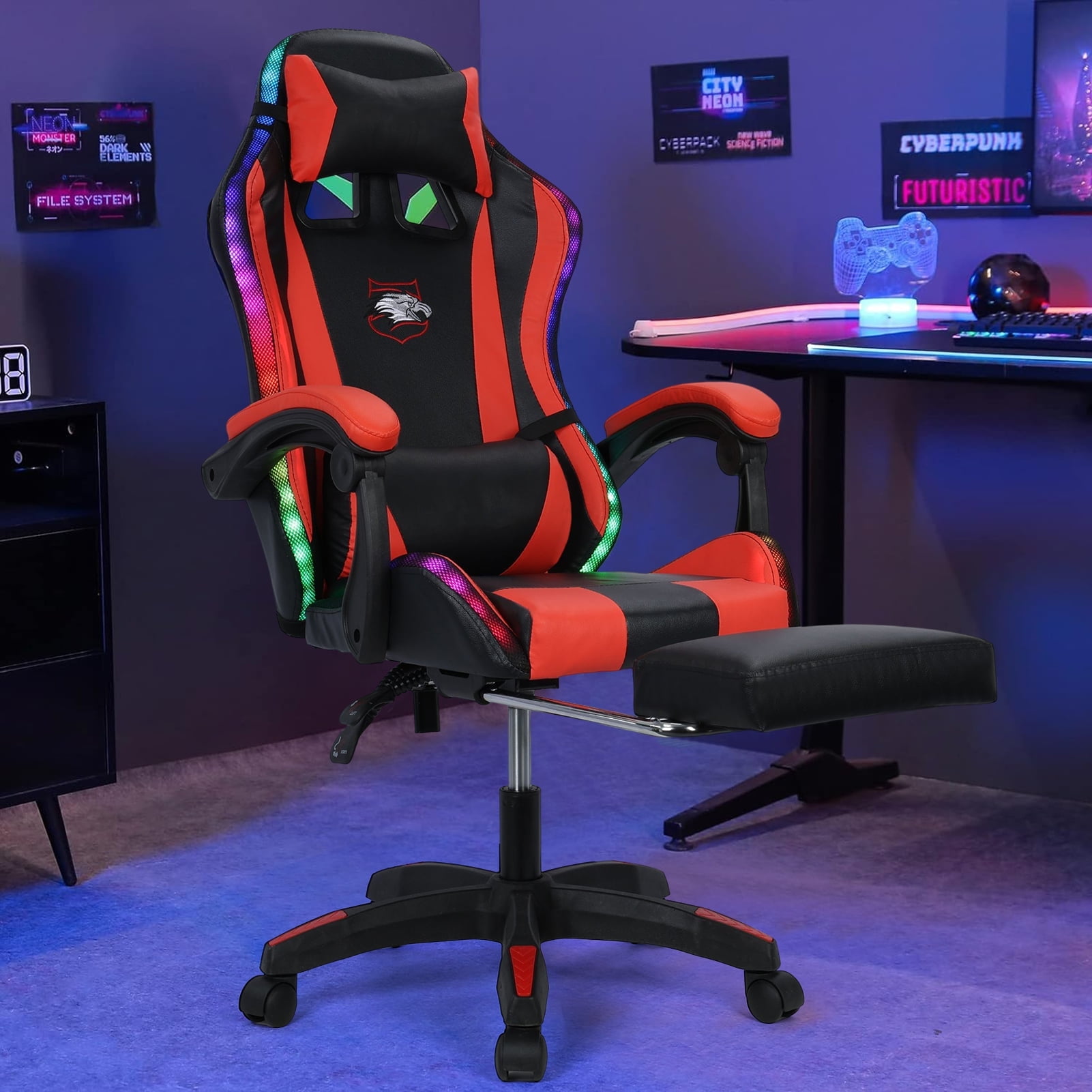 Happydeer Gaming Chair with Bluetooth-compatible Speakers LED Lights, Ergonomic Massage Computer Gaming Chair with Height Adjustable High Back with Lumbar Support