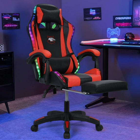 Happydeer Gaming Chair with Bluetooth-compatible Speakers LED Lights, Ergonomic Massage Computer Gaming Chair with Height Adjustable High Back with Lumbar Support