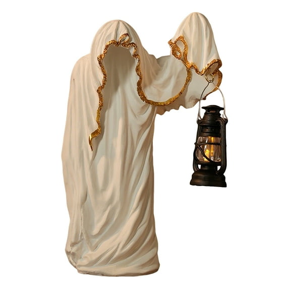 Happydeer Ghost Wizard Figurine Halloween Ghost Statue with Light-up Lantern Vintage Gothic Ghost Sculpture for Indoor Mantel Cabinet Decoration (White)