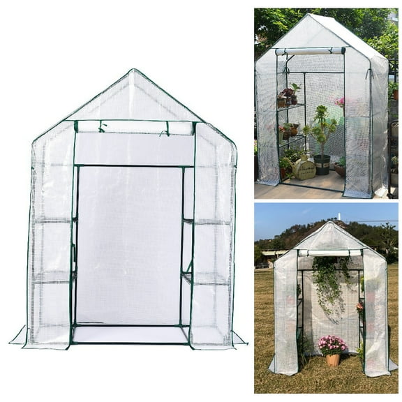 Happydeer Greenhouse Shed Mini Greenhouse for Courtyard Balcony, Portable Metal Frame Walk-in Greenhouse with Roll-Up Door 3 Tier Shelves Easy Assembly