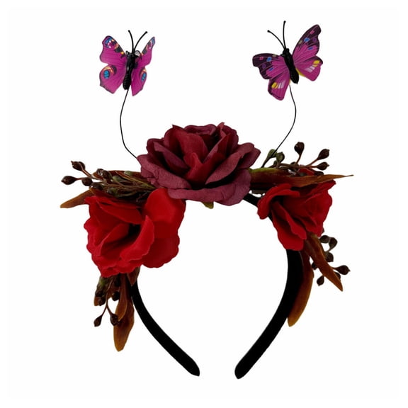 Happydeer Hair Hoop Halloween Imitation Rose Butterflies Decor Headband Elastic Headpiece Costume Cosplay Party Accessory (Dark Red)