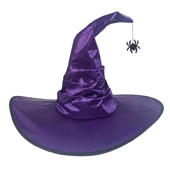 Happydeer Halloween Hat Spider Bat Decor Angled Witch Hat Ruched Large Brim Wizard Sorceress Cosplay Haunted House Carnival Party Costume (Purple1)