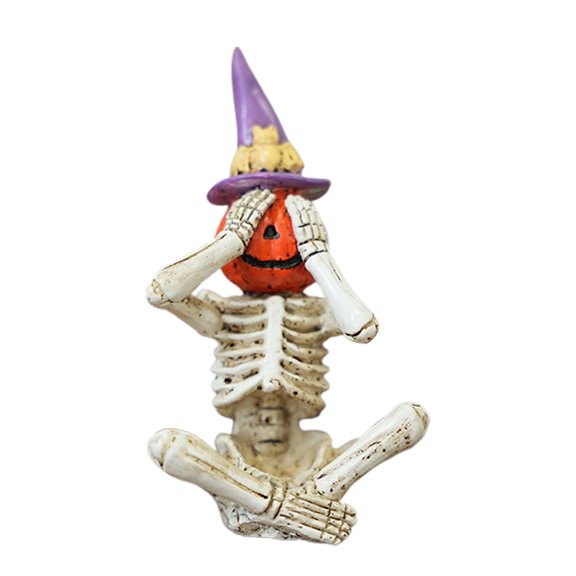 Happydeer Halloween Skeleton Pumpkin Figurine Resin See Hear Speak No Evil Pumpkin Head Skeleton Statue for Home Haunted House Decor (Type B)