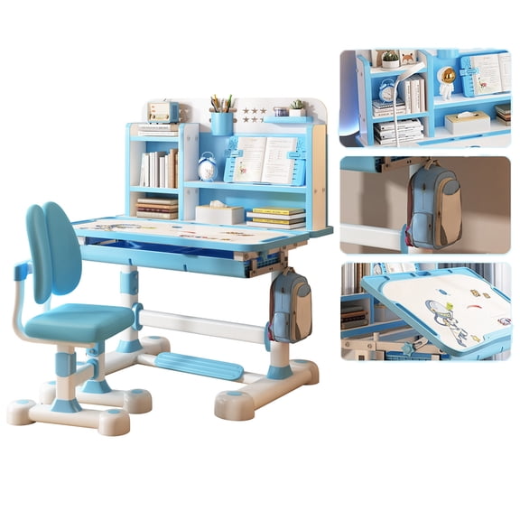 Happydeer Height Adjustable Desk and Chair Set with Storage Drawer, Study Desk with Book Stand and Ergonomic Design (Blue)