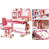 Happydeer Height Adjustable Desk and Chair Set with Storage Drawer, Study Desk with Book Stand and Ergonomic Design (Pink)