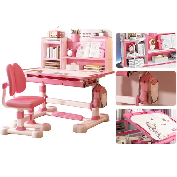 Happydeer Height Adjustable Desk and Chair Set with Storage Drawer, Study Desk with Book Stand and Ergonomic Design (Pink)