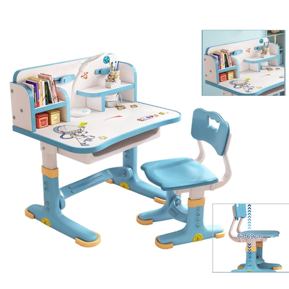 Happydeer Kids Desk and Chair Set with Storage Drawer, Widened Desktop, Height Adjustable Study Table with Cartoon Pattern