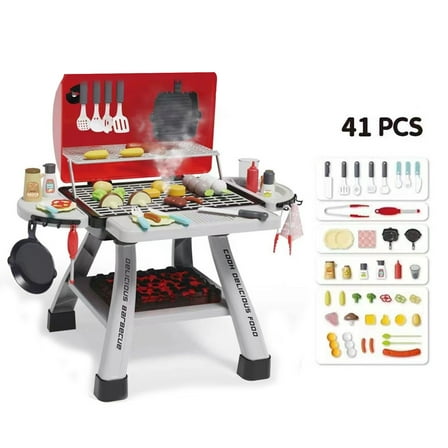 Happydeer Kitchen Playset 25.98" Mini Kitchen Toys BBQ Grill Set with Smoke Sound Light Effects Kids Pretend Play Food Toy with 41Pcs Realistic Cooking Accessories