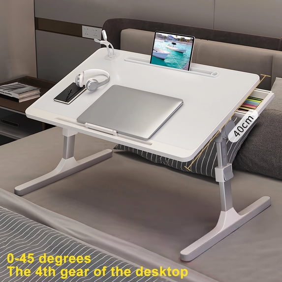 Happydeer Laptop Desk for Bed, Adjustable Laptop Stand Table with USB Light & Fan, Portable Laptop Bed Tray Table for Adults,Kids, Foldable Lap Tablet Table for Sofa Couch, White