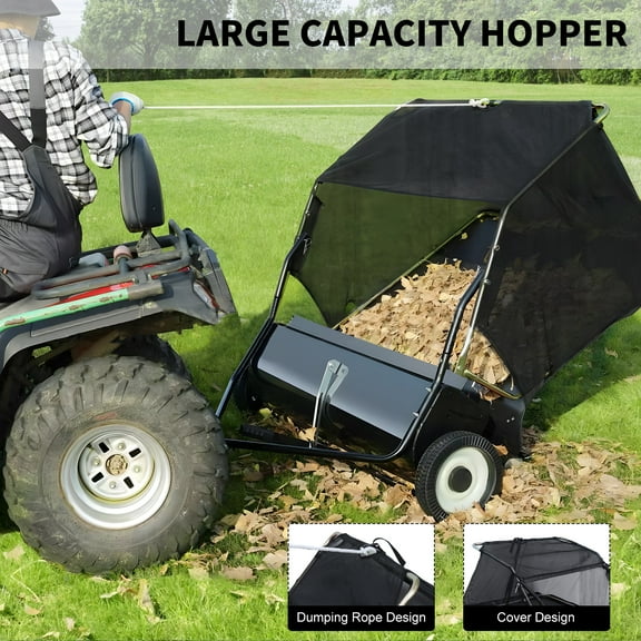 Happydeer Large Pull Behind Grass Sweeper, 42 Inch Lawn Sweeper Tow Behind, 25 cu.ft Leaf & Grass Collector with Dumping Rope Design, Adjustable Sweeping Height for Picking Up Debris & Grass