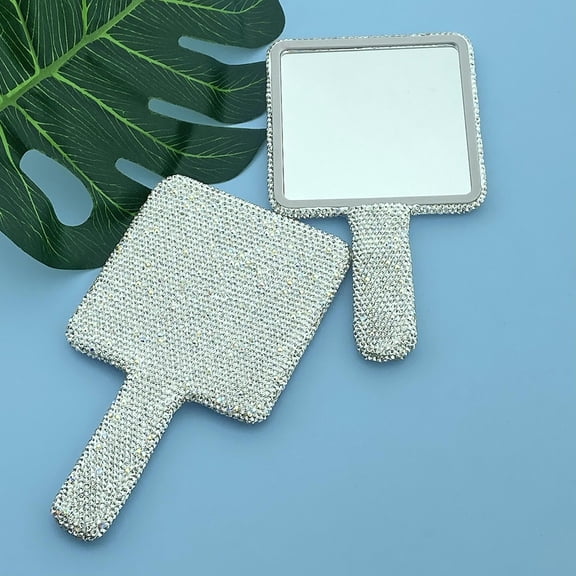 Happydeer Makeup Mirror Glitter Rhinestone Decor Non-slip Handle Comfortable Grip Easy to Carry Square Round Heart Shaped Handheld Mirror Women Girls Cosmetic Hand Mirror