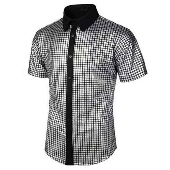 Happydeer Men Club Shirt Mens 70s Disco Costume Vinatge Turn-down Collar Reflective Shiny Sequins Short Sleeve Button Down Shirt (Grey, M)