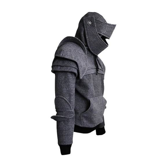 Happydeer Men Halloween Hoodie with Hood Knight Drawstring Patch Pocket Ruched Elastic Cuff Long Sleeves Warrior Medieval Costume (Grey, 3XL)