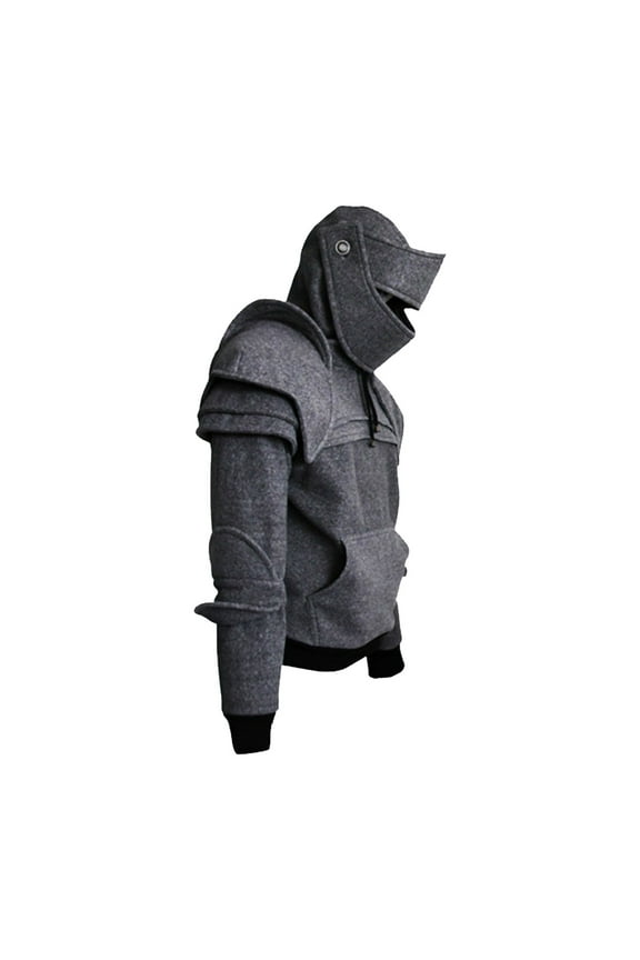 Men Halloween Hoodie with Hood Knight Drawstring Patch Pocket Ruched Elastic Cuff Long Sleeves Warrior Medieval Costume (Grey, 3XL)