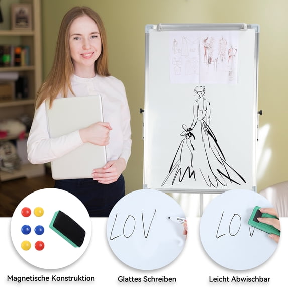Happydeer Office Bulletin Board, Tripod Writing Board with Paper Clamp And Pen, Single-sided Foldable Magnetic Smooth Writing Surface Adjustable Height Whiteboard with Non-slip Rubber Pad