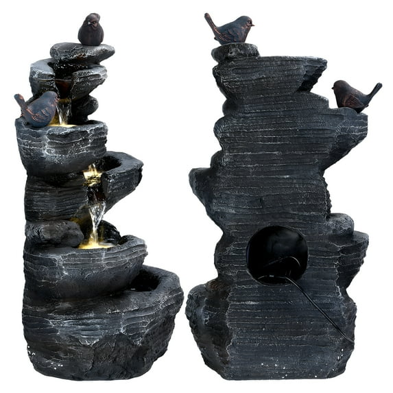 Happydeer Outdoor Fountain, 5 Layers Staggered Large Floor To Ceiling Resin Fountain with LED Light Water Fountain Flowing Water Landscape Decoration for Patio, Backyard, Porch