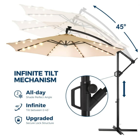 Happydeer Outdoor Umbrella with Solar LED Lights, 8.9x8.9ft 2-Tier Square Cantilever Patio Umbrella, Adjustable Sun Shade Umbrella with Hand-crank for Backyard
