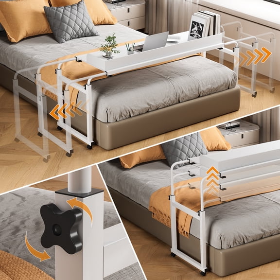 Happydeer Overbed Table with Wheels, Office Desk, Bed Tray Table Height Adjustable Rolling Over-the-Bed Laptop Desk with Raised Baffle Suitable for within 210CM Bed, White