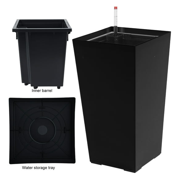 Happydeer Planter Pot 2Pcs Resin Flower Pot with Visual Water Level, Inner Bucket with Handle, Dual Buckle Outdoor Planter for Front Porch Door Balcony Deck, Tray, 21.7"H, Black