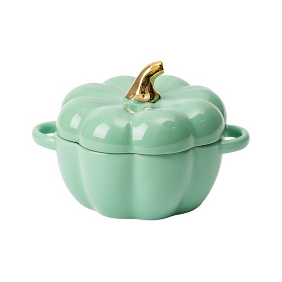 Happydeer Pumpkin Bowl with Double Handles Stackable Ceramic Pumpkin Soup Bowls Glossy Enamel Pumpkin Snack Container for Baking Serving Halloween Gift (Green)