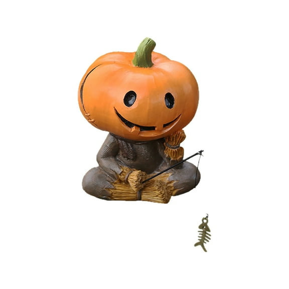 Happydeer Pumpkin Head Scarecrow Figurine Fishing Scarecrow Sculpture Halloween Decor Pumpkin Statue for Fish Tank Aquarium Pond (Orange)