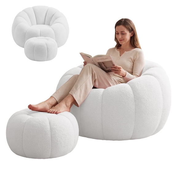 Happydeer Pumpkin Shaped Bean Bag Chair with Matching Footstool, High Density Plush Fabric Lazy Sofa, Ergonomic Round Lounge Chair for Bedroom Living Room