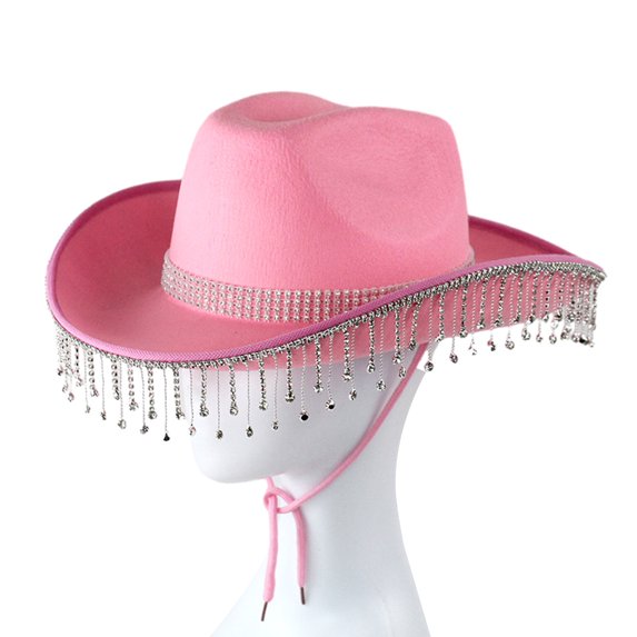 Happydeer Rhinestone Cowgirl Hat Retro Western Style with Adjustable Tie Fringed Rhinestone Hat for Cosplay Parties (Pink)
