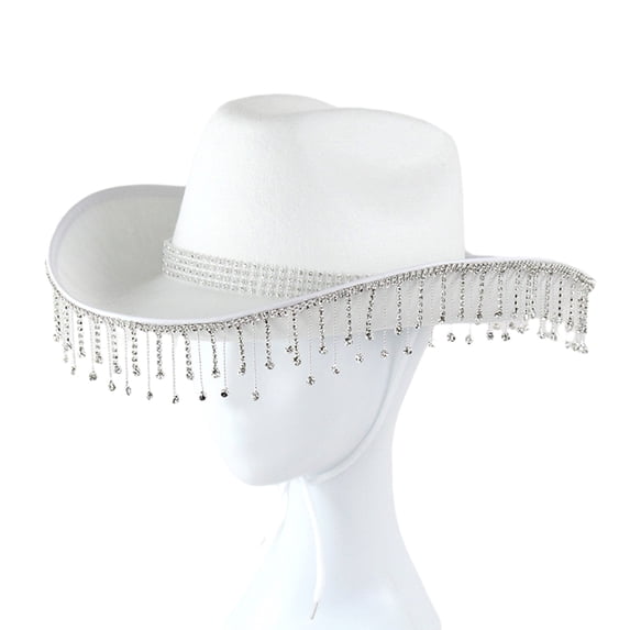 Happydeer Rhinestone Cowgirl Hat Retro Western Style with Adjustable Tie Fringed Rhinestone Hat for Cosplay Parties (White)