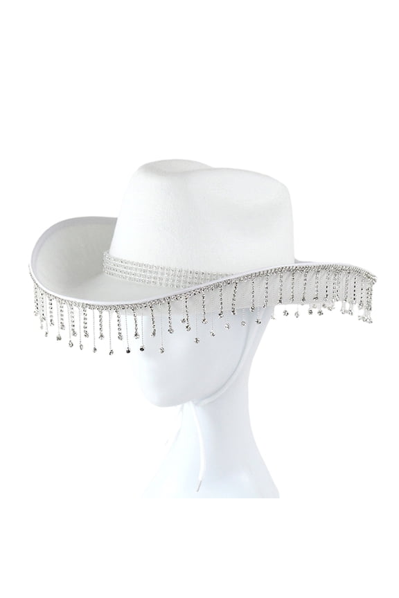 Rhinestone Cowgirl Hat Retro Western Style with Adjustable Tie Fringed Rhinestone Hat for Cosplay Parties (White)