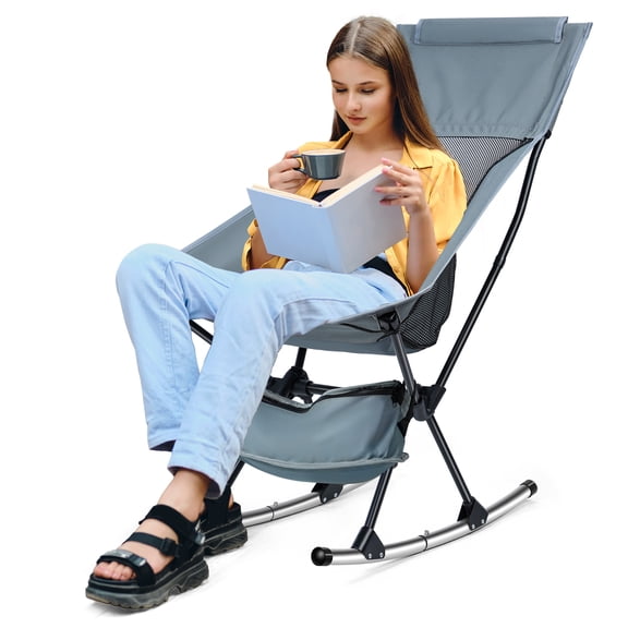 Happydeer Rocking Chair, Oversized Folding Rocking Camping Chair, Adult Heavy Duty Camping Chair, Outside Folding Rocking Chair for Patio, Lawn and Outdoors, Supports 253lbs (Grey)
