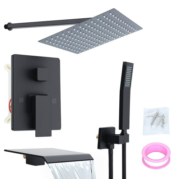 Happydeer Shower Faucet Set for Bathroom with 10 Inch Rain Shower Head and Handheld Shower Head Set, Wall Mounted Shower System with Tub Spout, Black