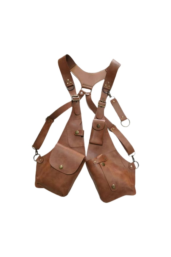 Sling Bag Anti-Theft Harness Bag Medieval Steampunk Style Wallet Smooth Faux Leather Adjustable Strap Rivet Decor Underarm Double Shoulder Bag (Light Brown)