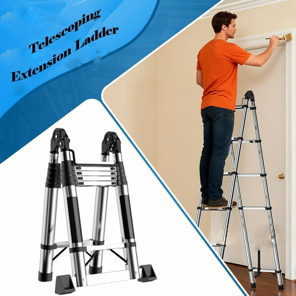 Happydeer Telescopic Extension Ladder Stainless Steel Collapsible Ladder with Locking Mechanism and Anti-Slip Pedals, Heavy Duty 330 lbs Load