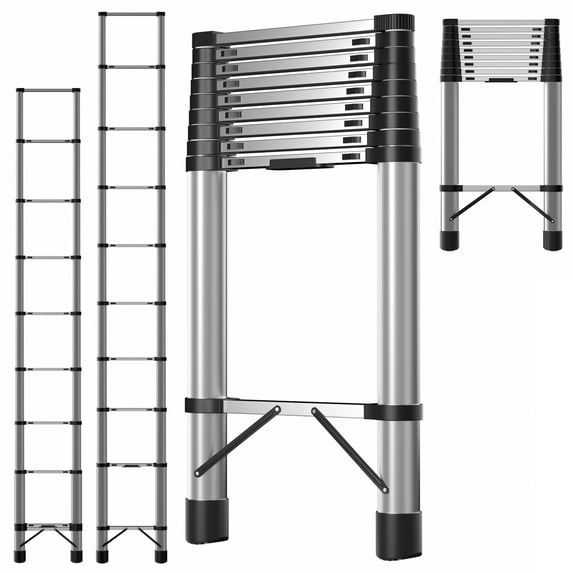 Happydeer Telescopic Ladder 12.5ft Stainless Steel Folding Extension Ladder for Home or RV Outdoor Work with Locking Mechanism Multi-Purpose Collapsible Ladder, Bearing 330lbs